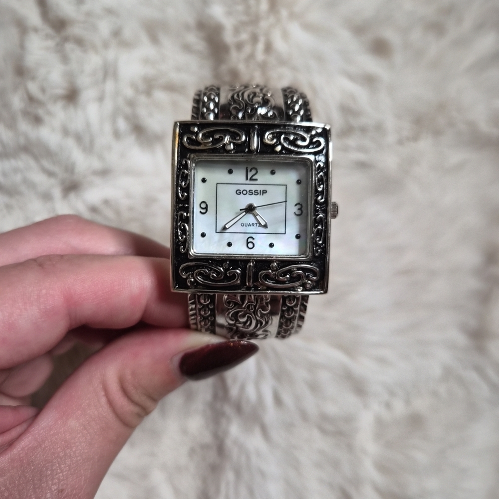 Vintage Y2K Watch Gossip Silver Tone Antiqued Cuff Bracelet Style Quartz Western